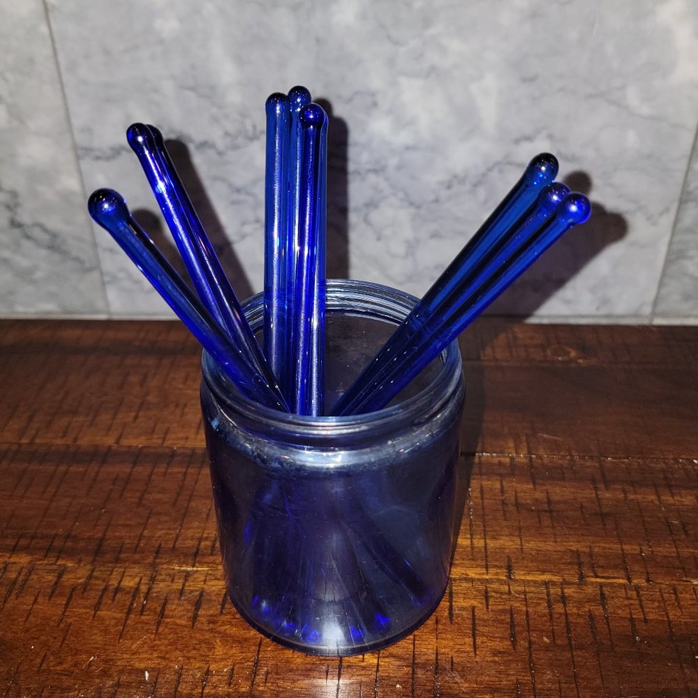 Vintage Cobalt Blue Glass Swizzle Sticks, plain, Set of 10 (thicker set)